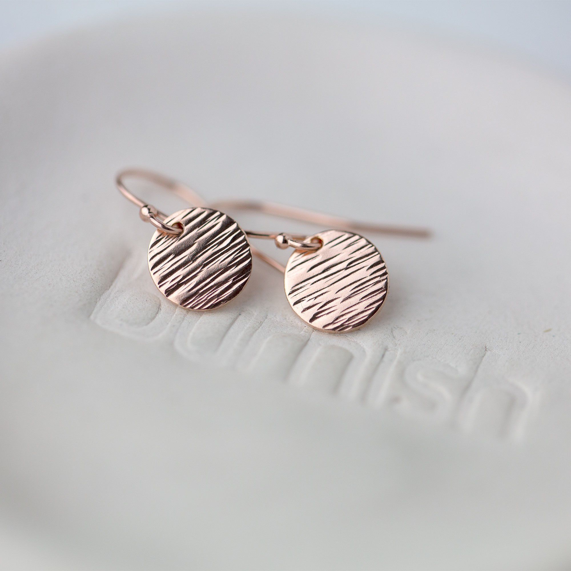 Rose Gold Textured Disc Earrings - Handmade Jewelry by Burnish