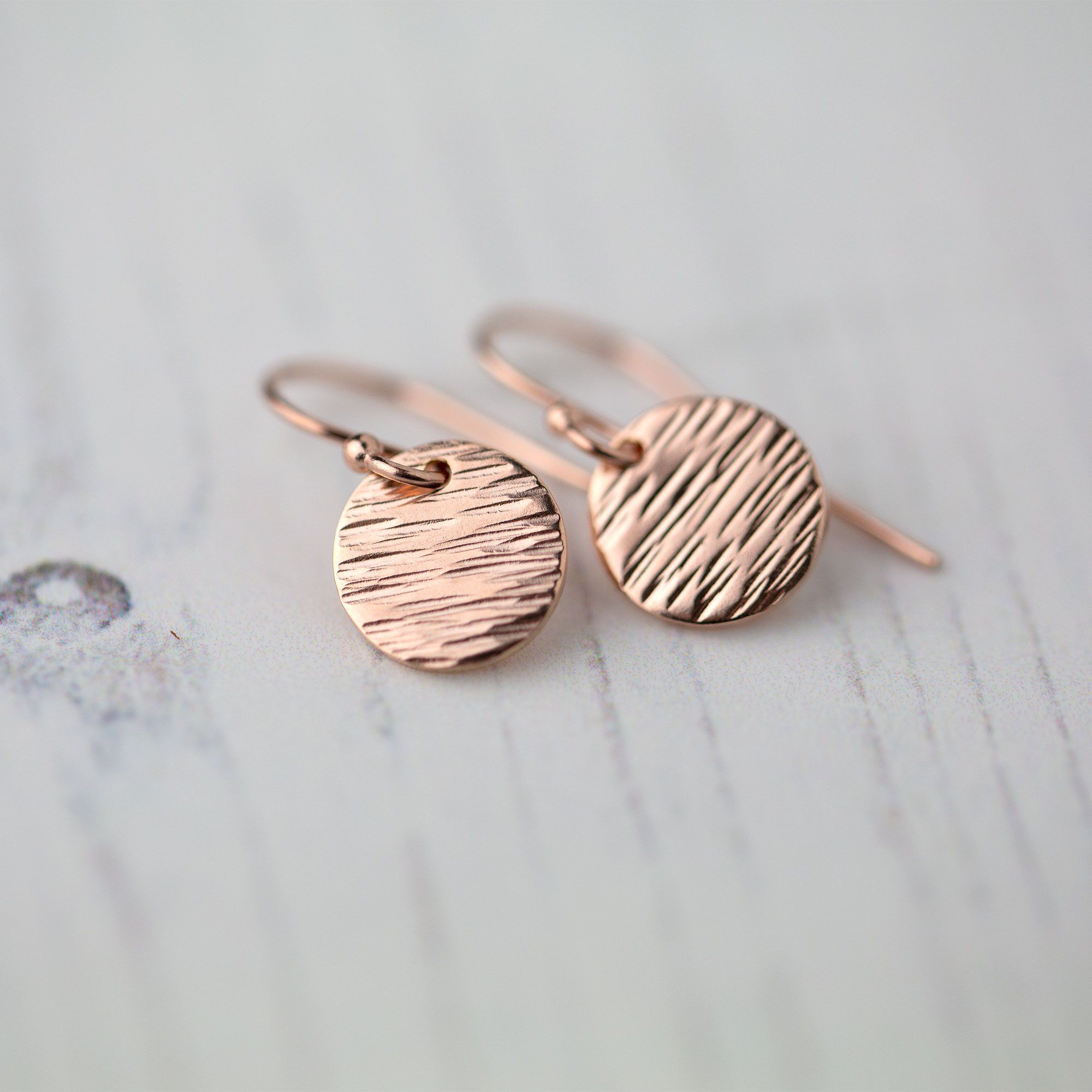 Rose Gold Textured Disc Earrings - Handmade Jewelry by Burnish