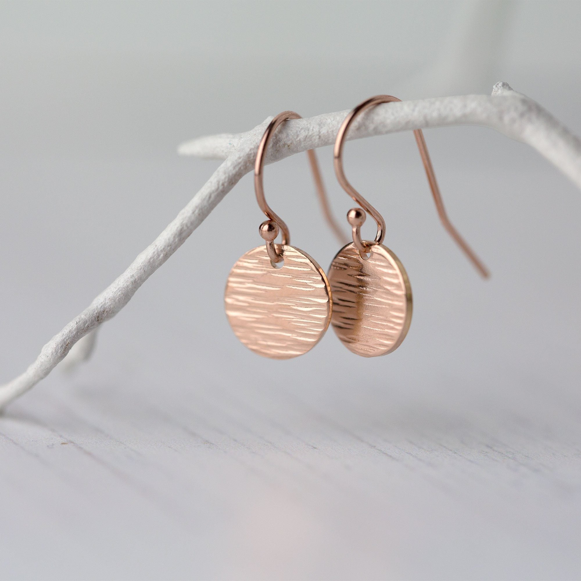 Rose Gold Textured Disc Earrings - Handmade Jewelry by Burnish