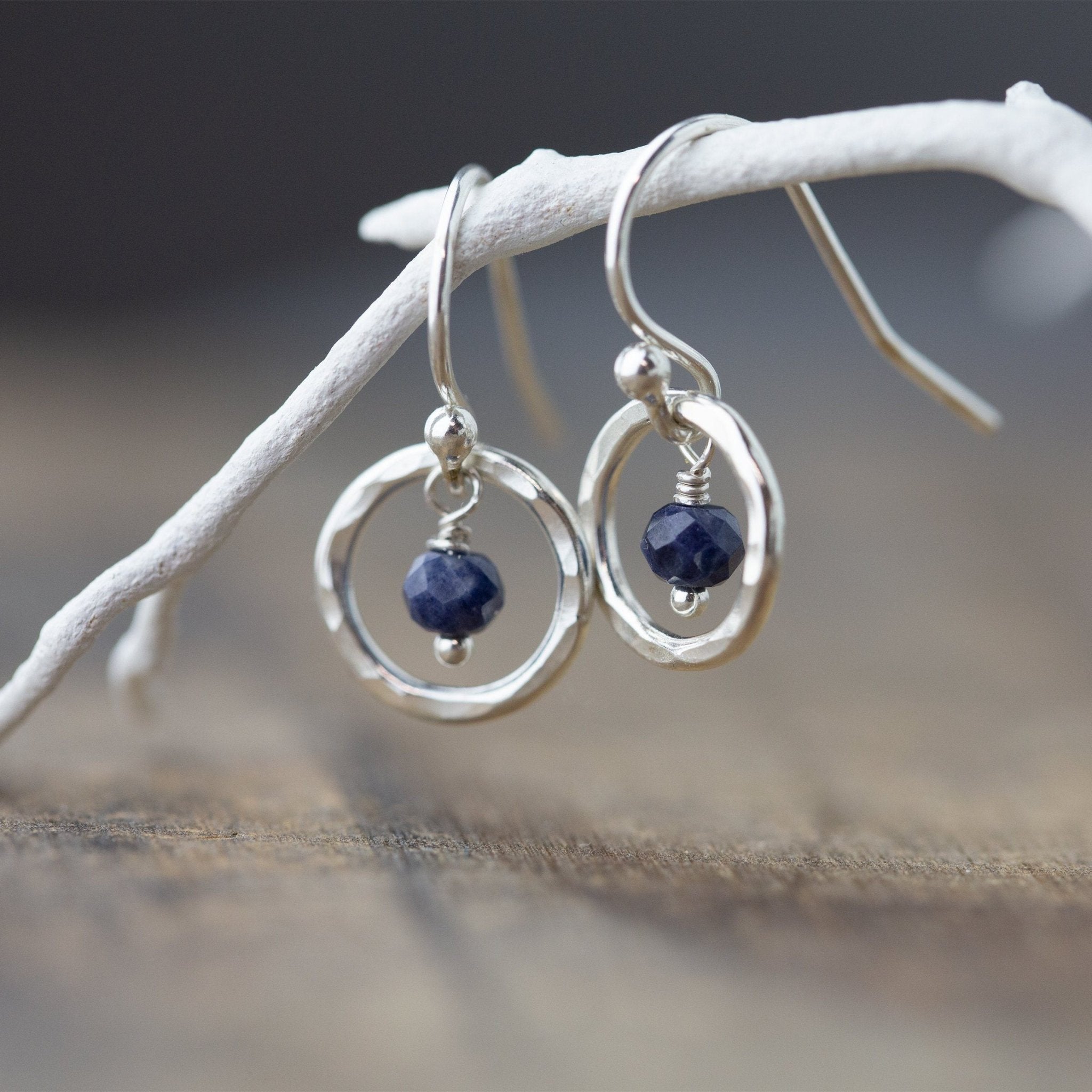 Sapphire Hammered Circle Earrings - Handmade Jewelry by Burnish