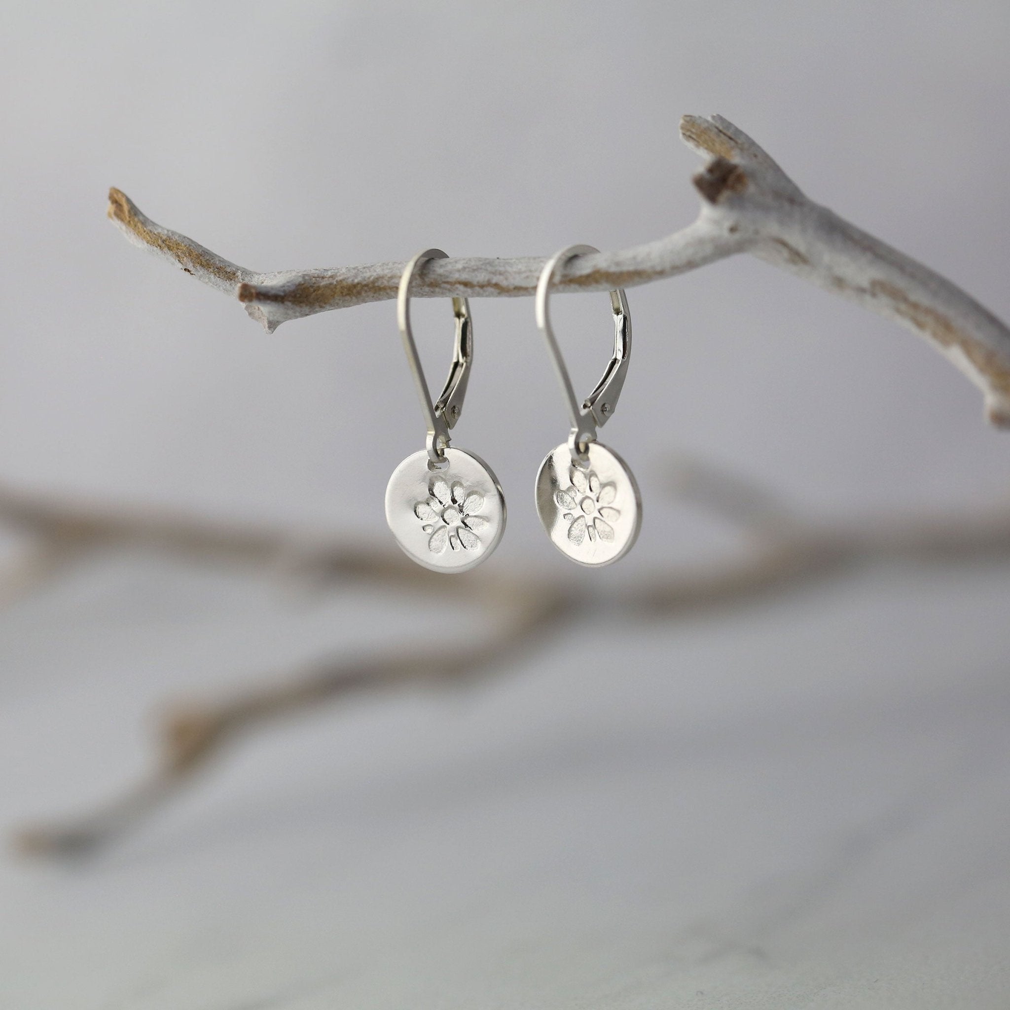 Silver Blossom Tiny Disc Earrings handmade by Burnish