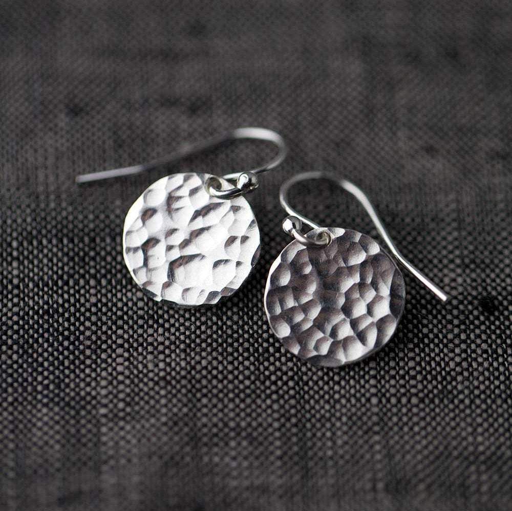 Silver Medium Hammered Disk Earrings - Handmade Jewelry by Burnish