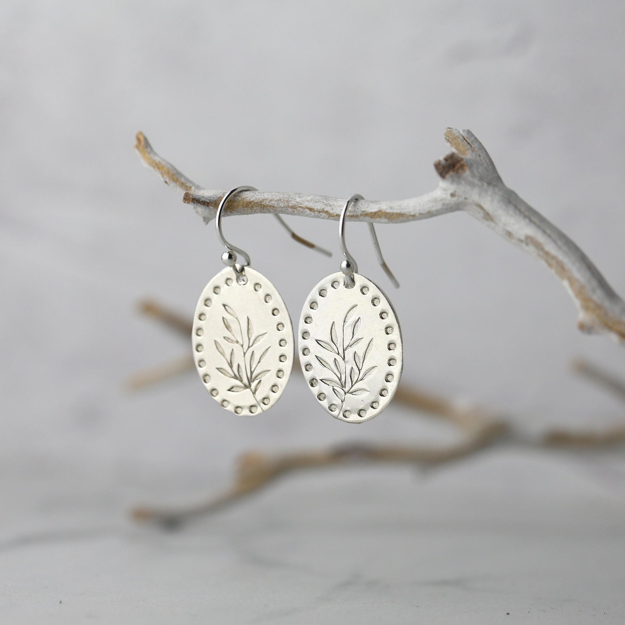 Silver Oval Stamped Leaf Earrings handmade by Burnish
