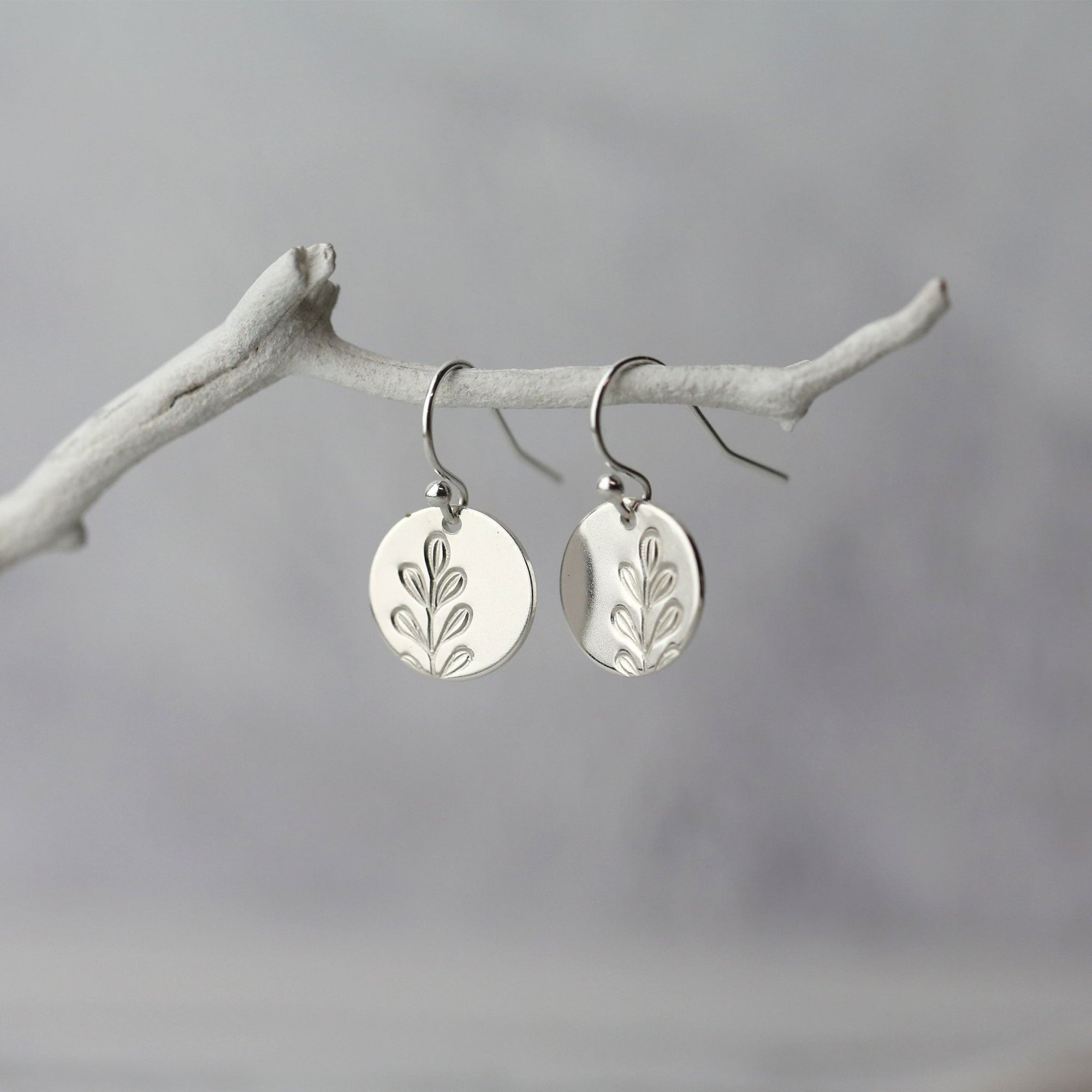 Silver Stamped Botanical Disc Earrings