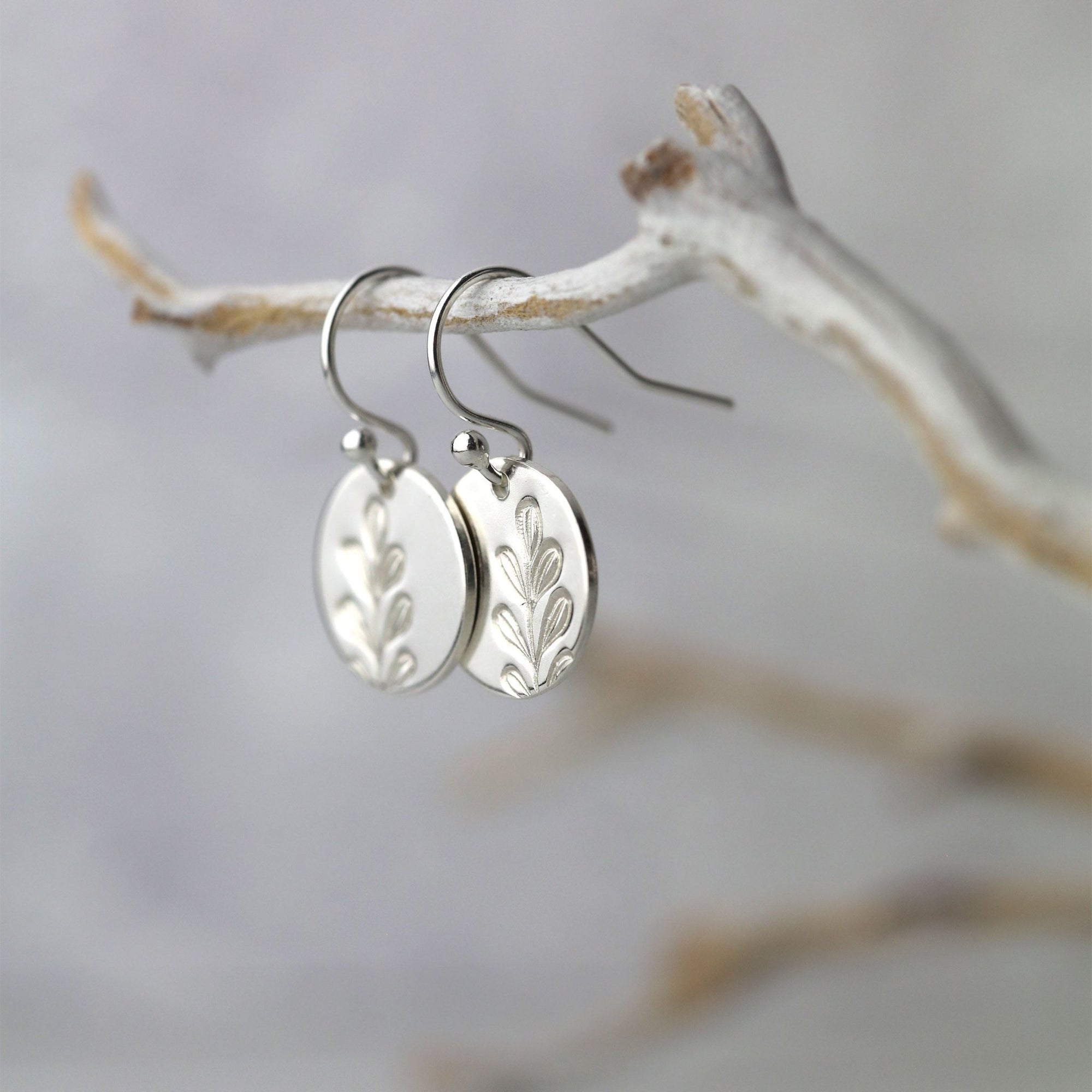 Silver Stamped Botanical Disc Earrings
