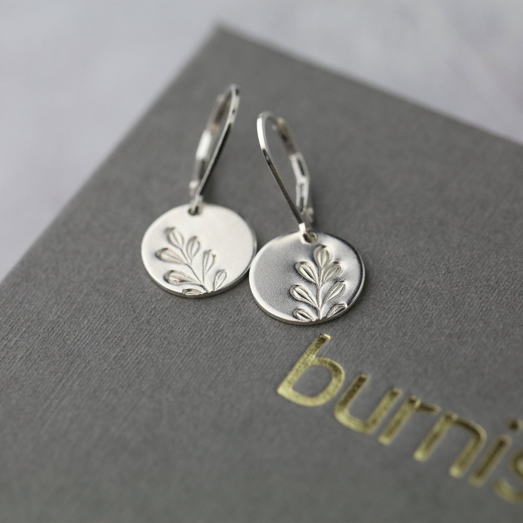 Silver Stamped Botanical Disc Lever-back Earrings