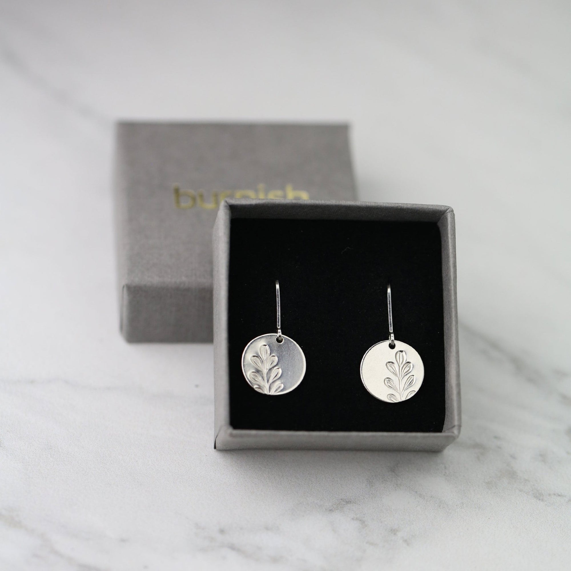 Silver Stamped Botanical Disc Lever-back Earrings