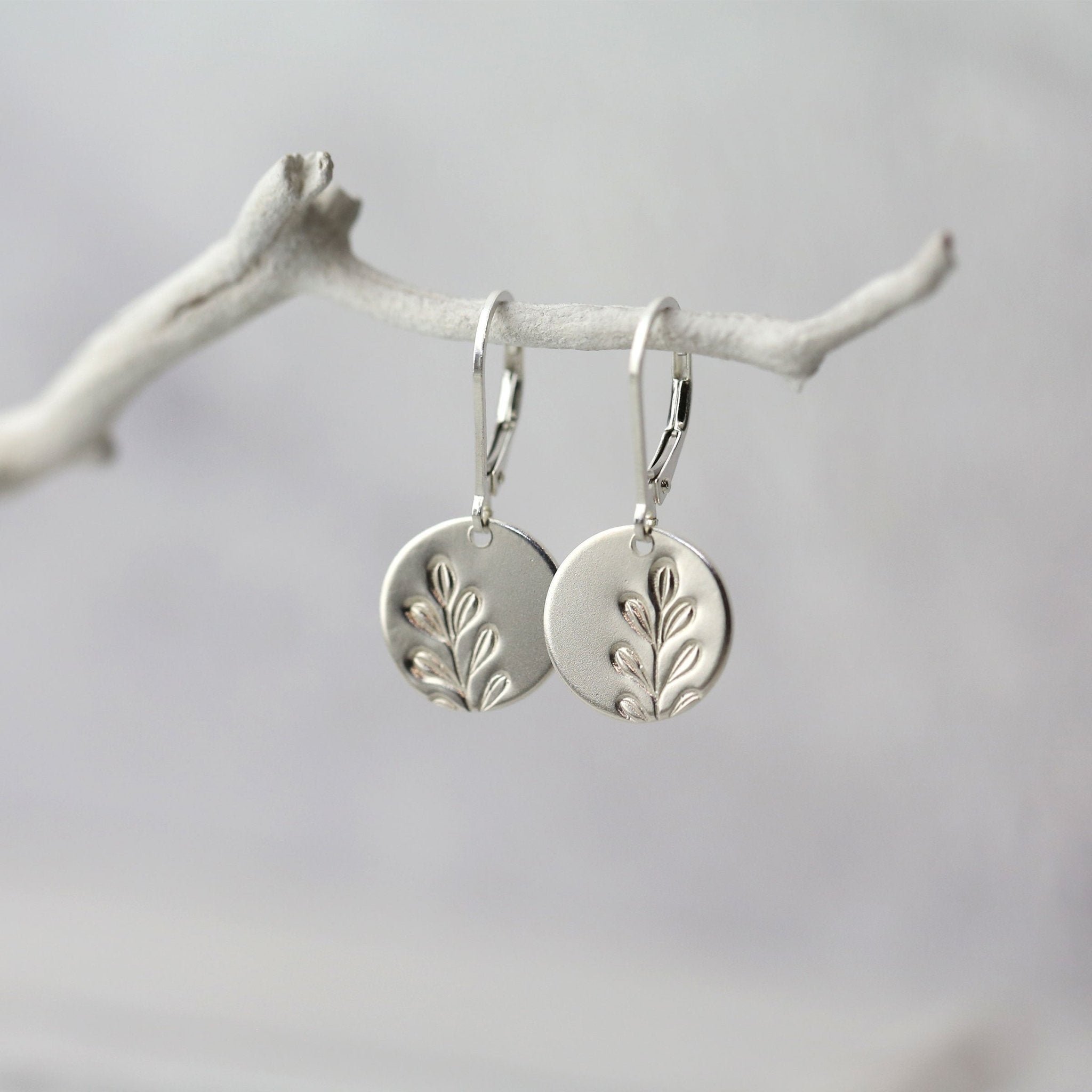Silver Stamped Botanical Disc Lever-back Earrings