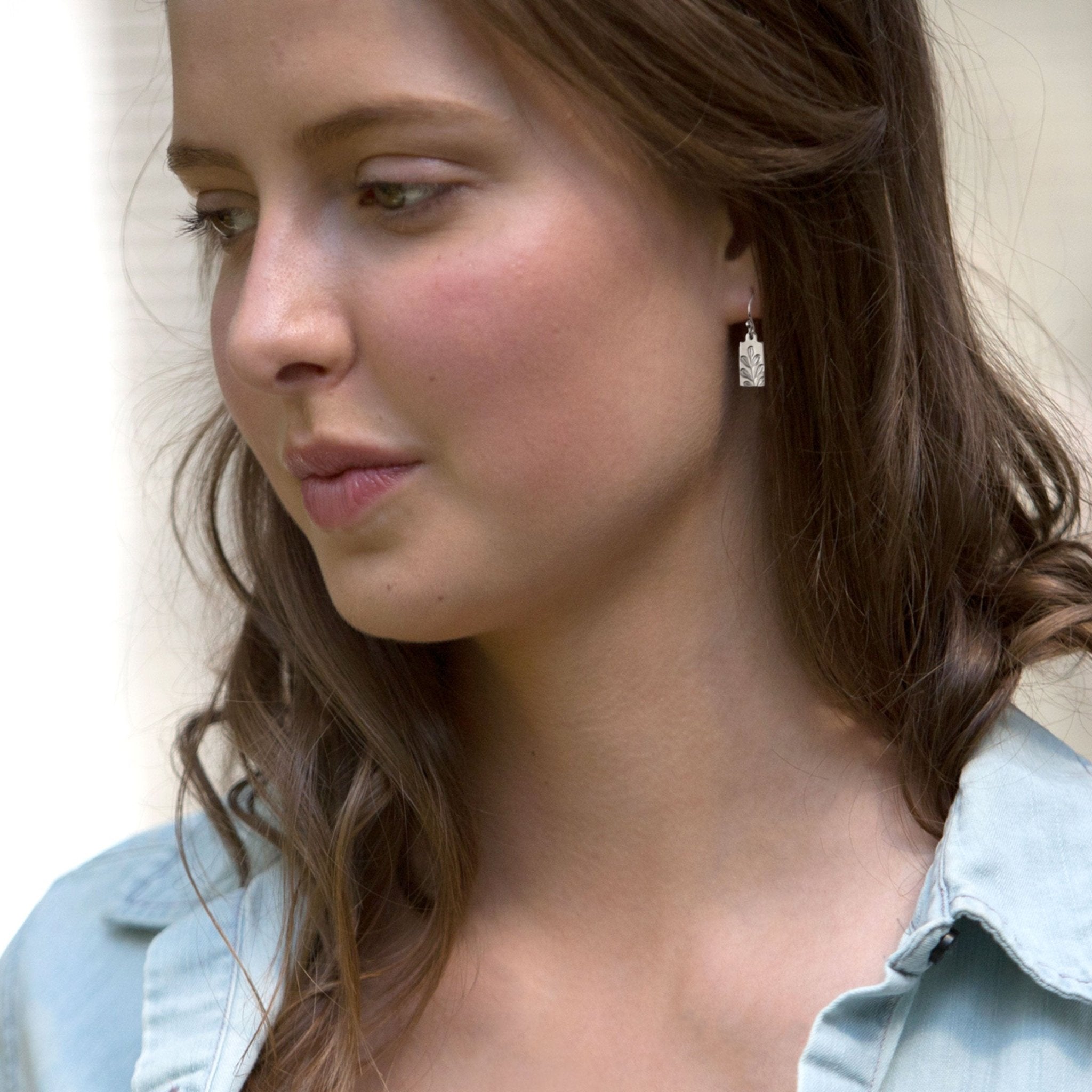 Silver Stamped Botanical Tag Earrings