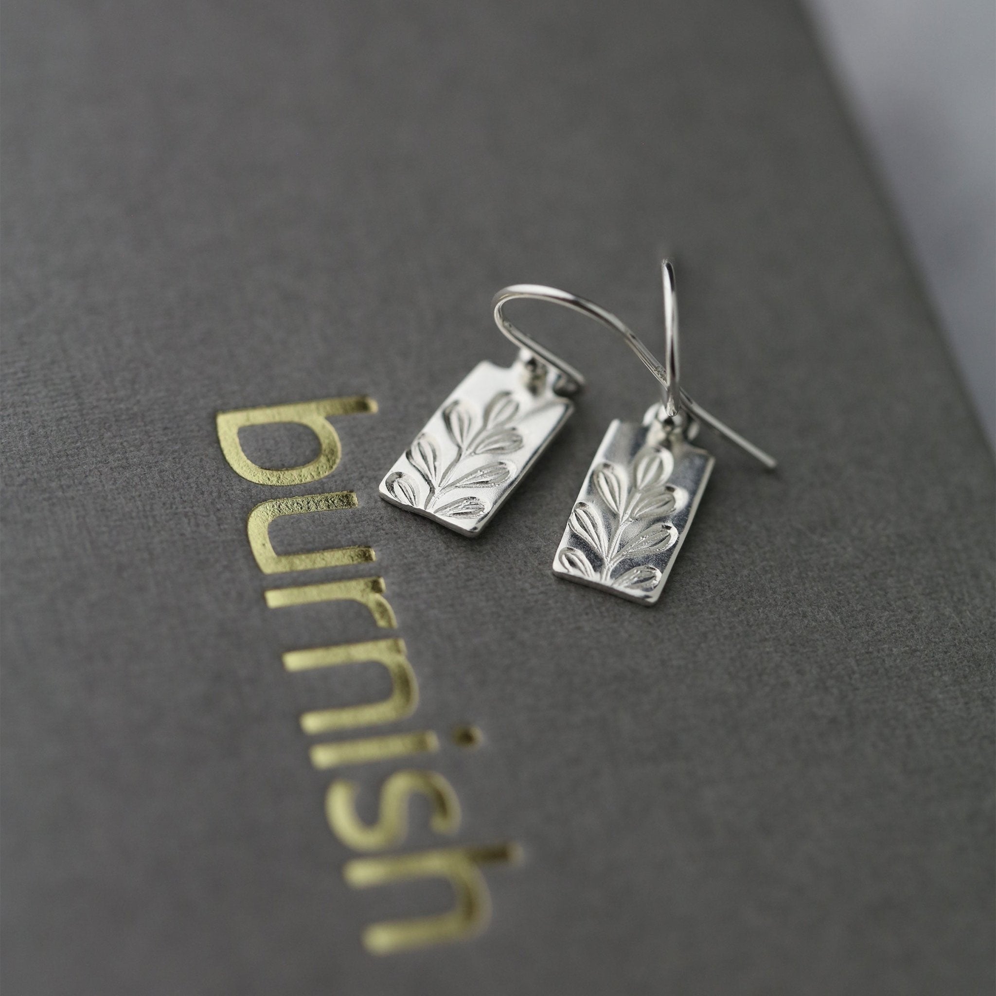Silver Stamped Botanical Tag Earrings