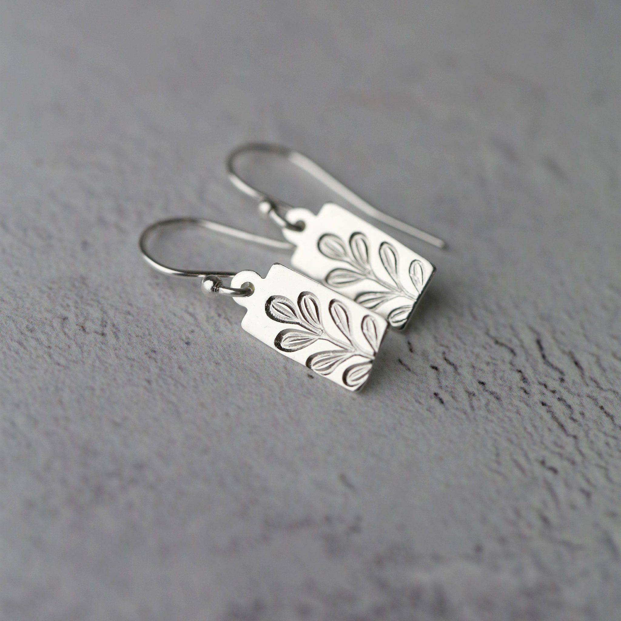 Silver Stamped Botanical Tag Earrings