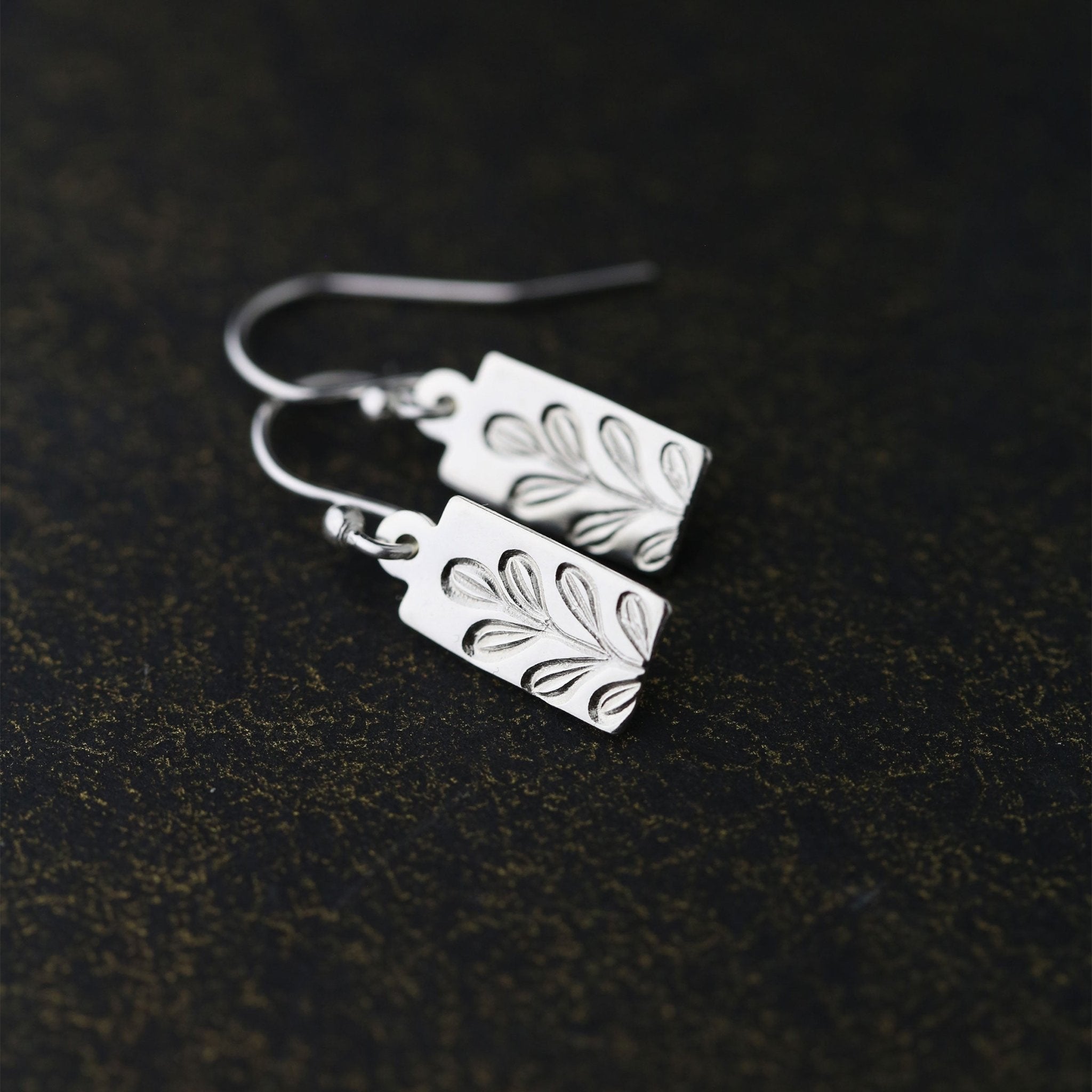 Silver Stamped Botanical Tag Earrings