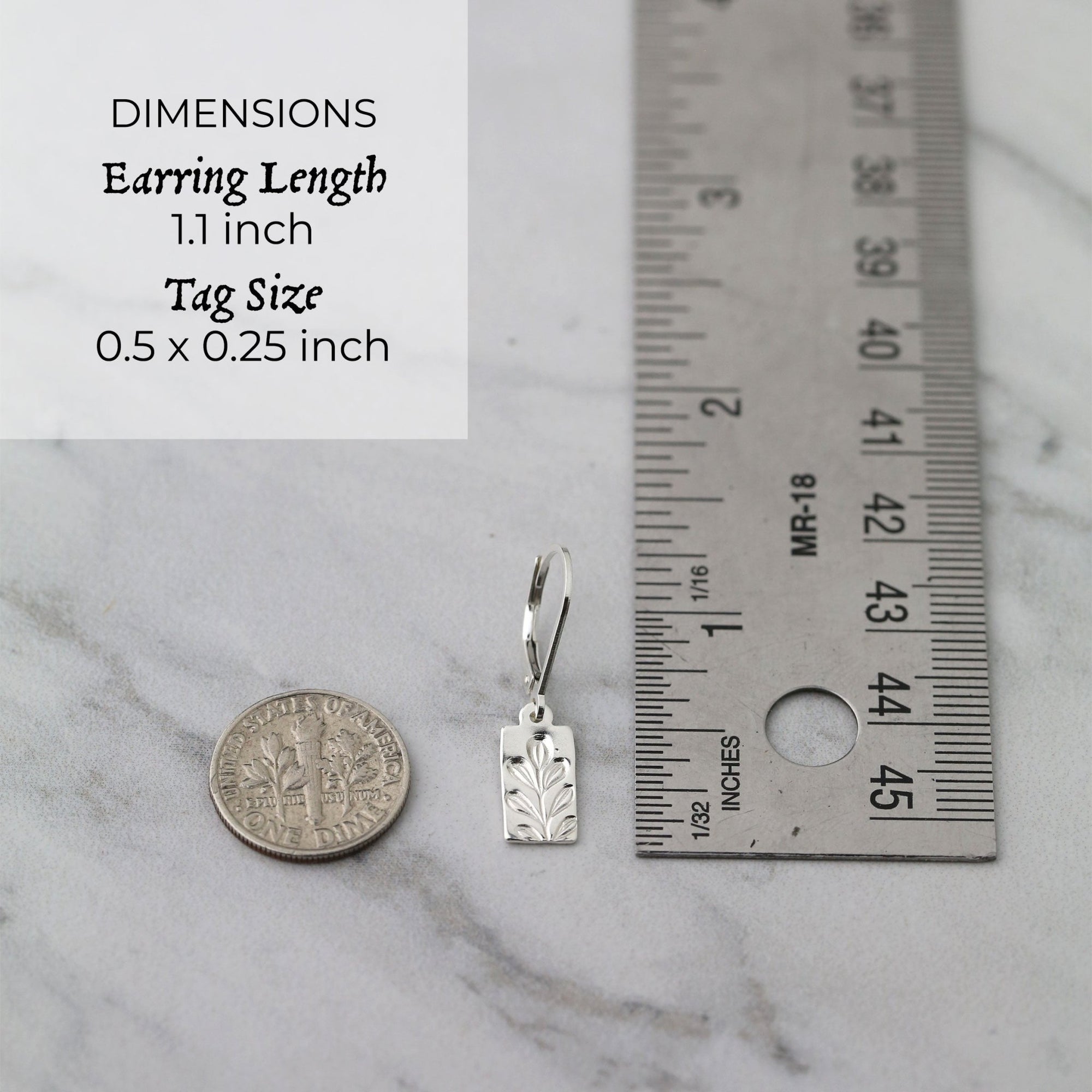 Silver Stamped Botanical Tag Lever-back Earrings