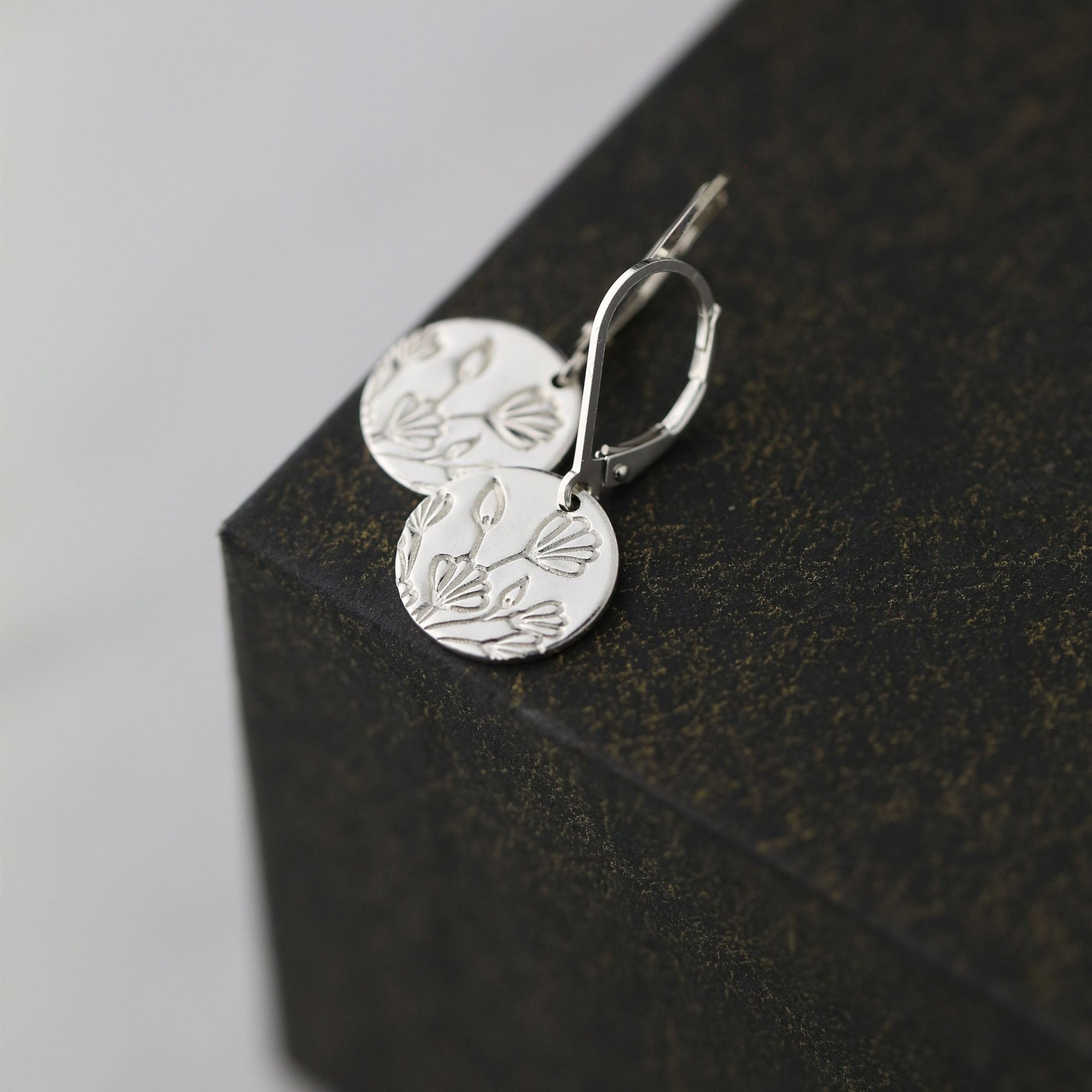 Silver Stamped Floral Disc Earrings handmade by Burnish