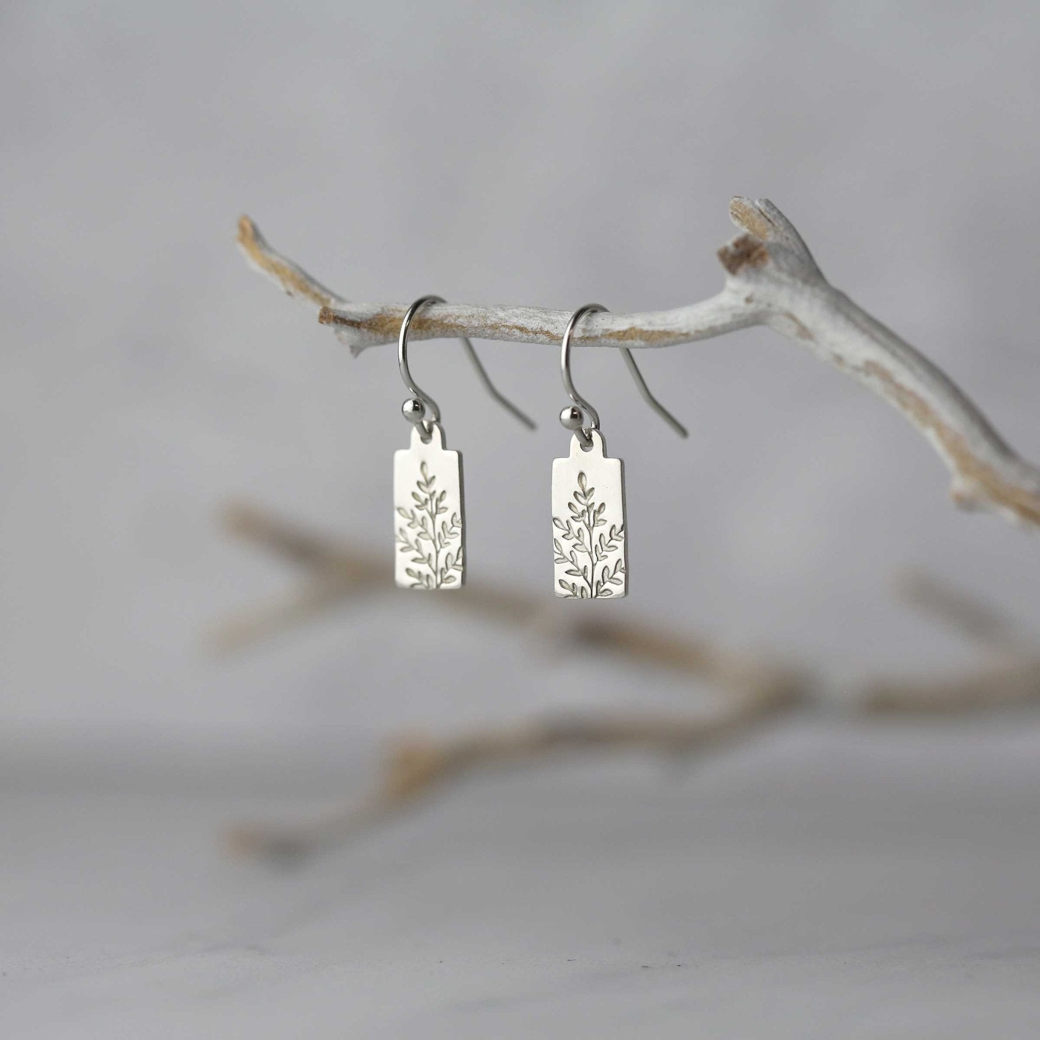 Silver Stamped Wildflower Tag Earrings
