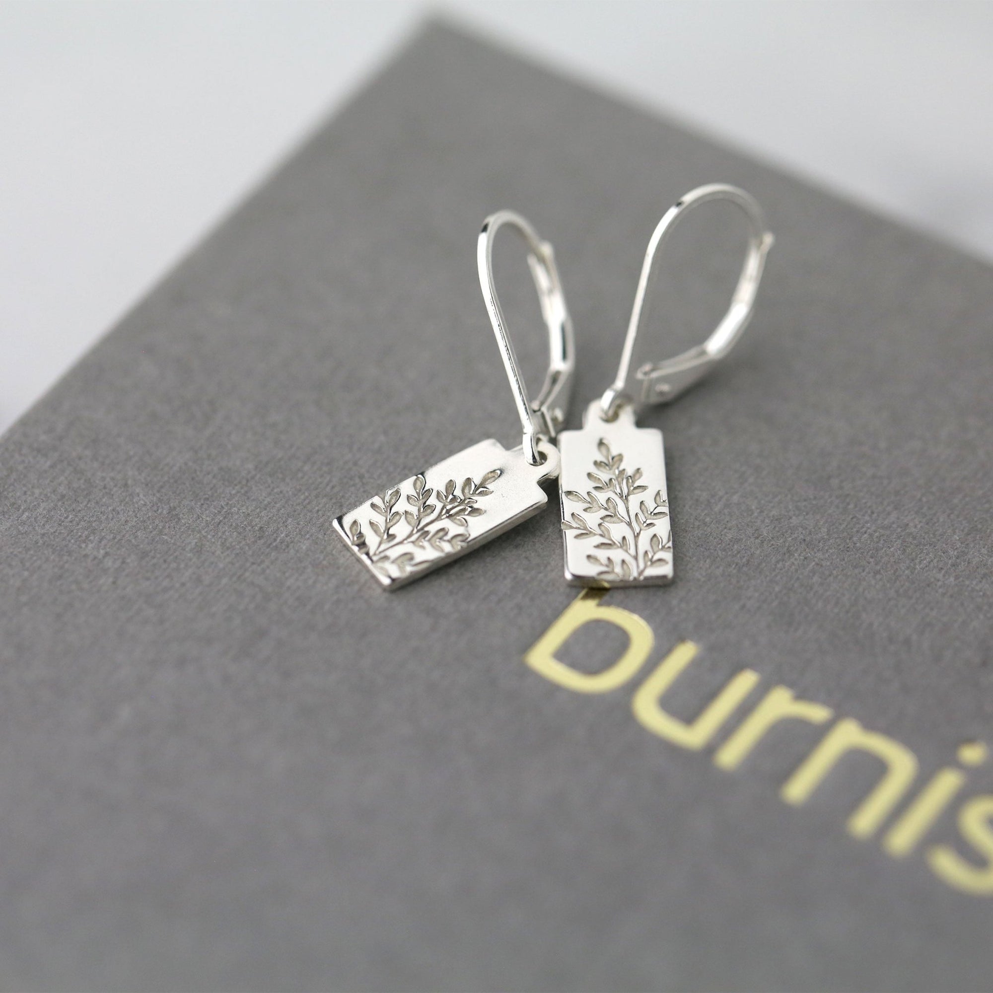 Silver Stamped Wildflower Tag Lever-back Earrings