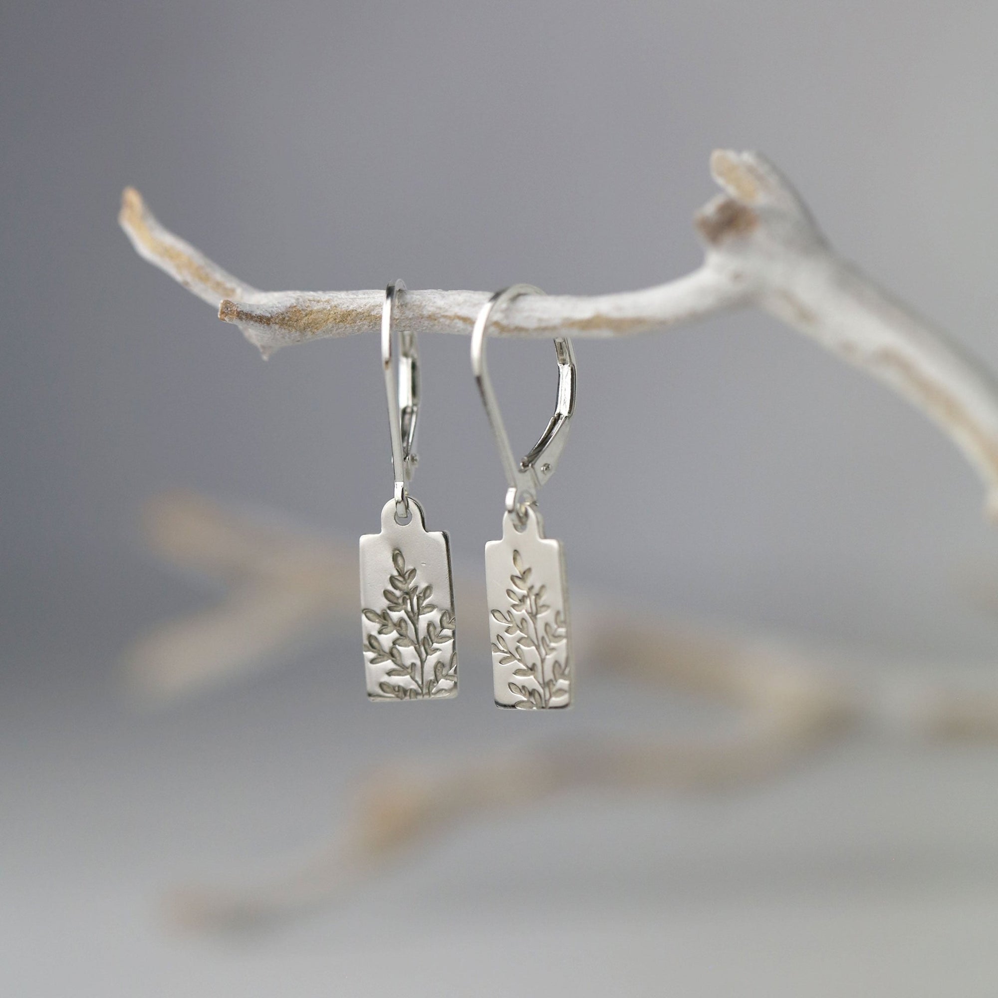Silver Stamped Wildflower Tag Lever-back Earrings