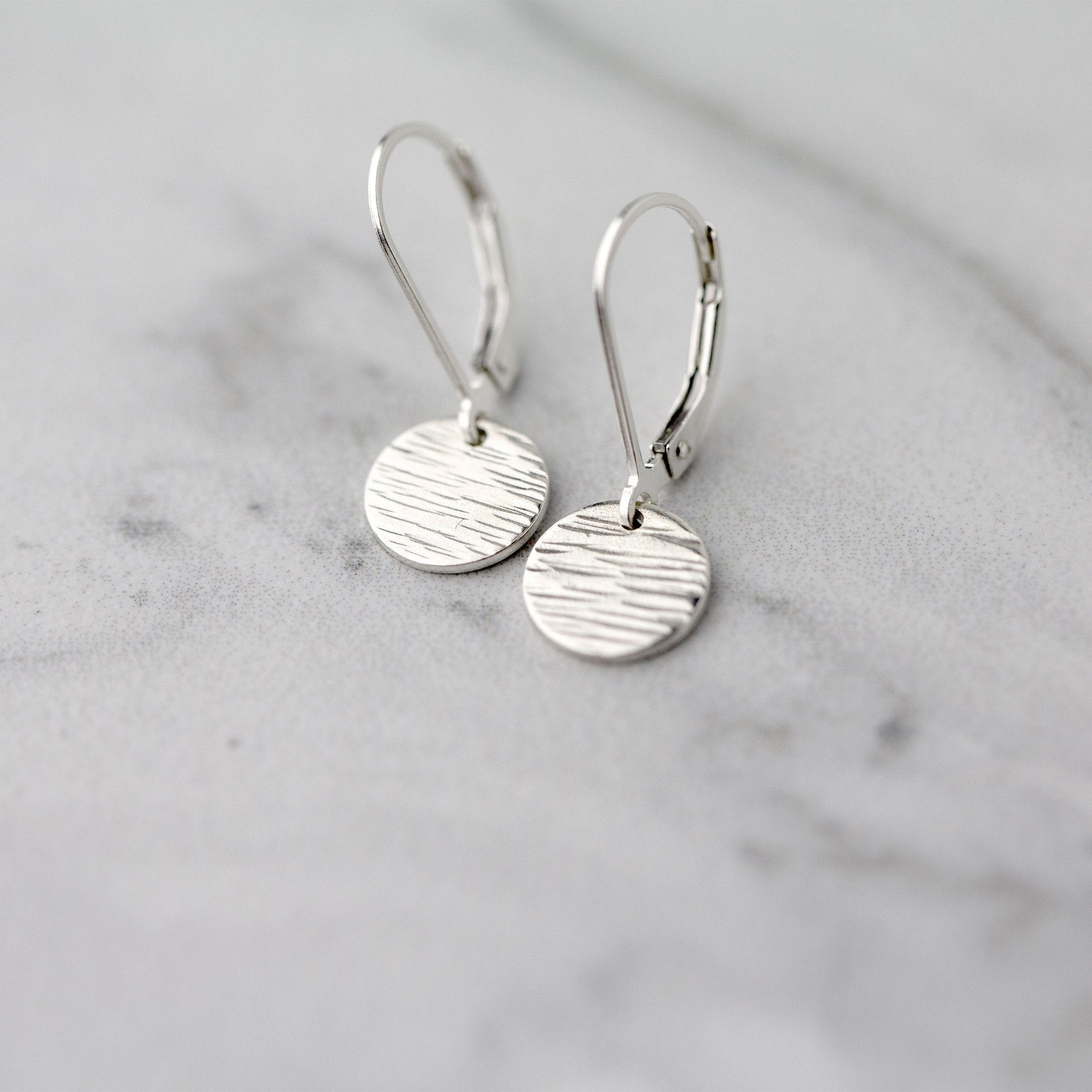 Silver Textured Disc Lever-back Earrings - Handmade Jewelry by Burnish