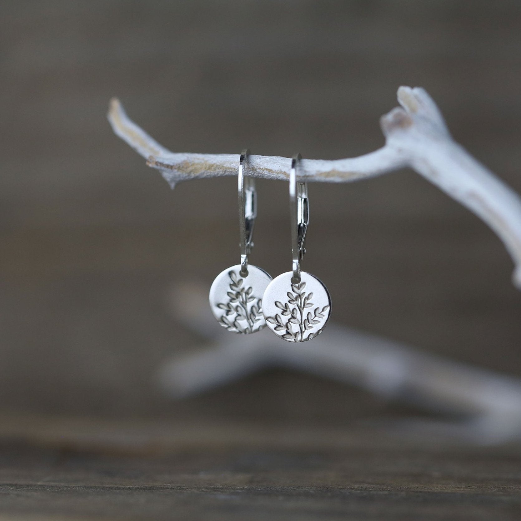 Silver Wildflower Tiny Disc Lever-back Earrings