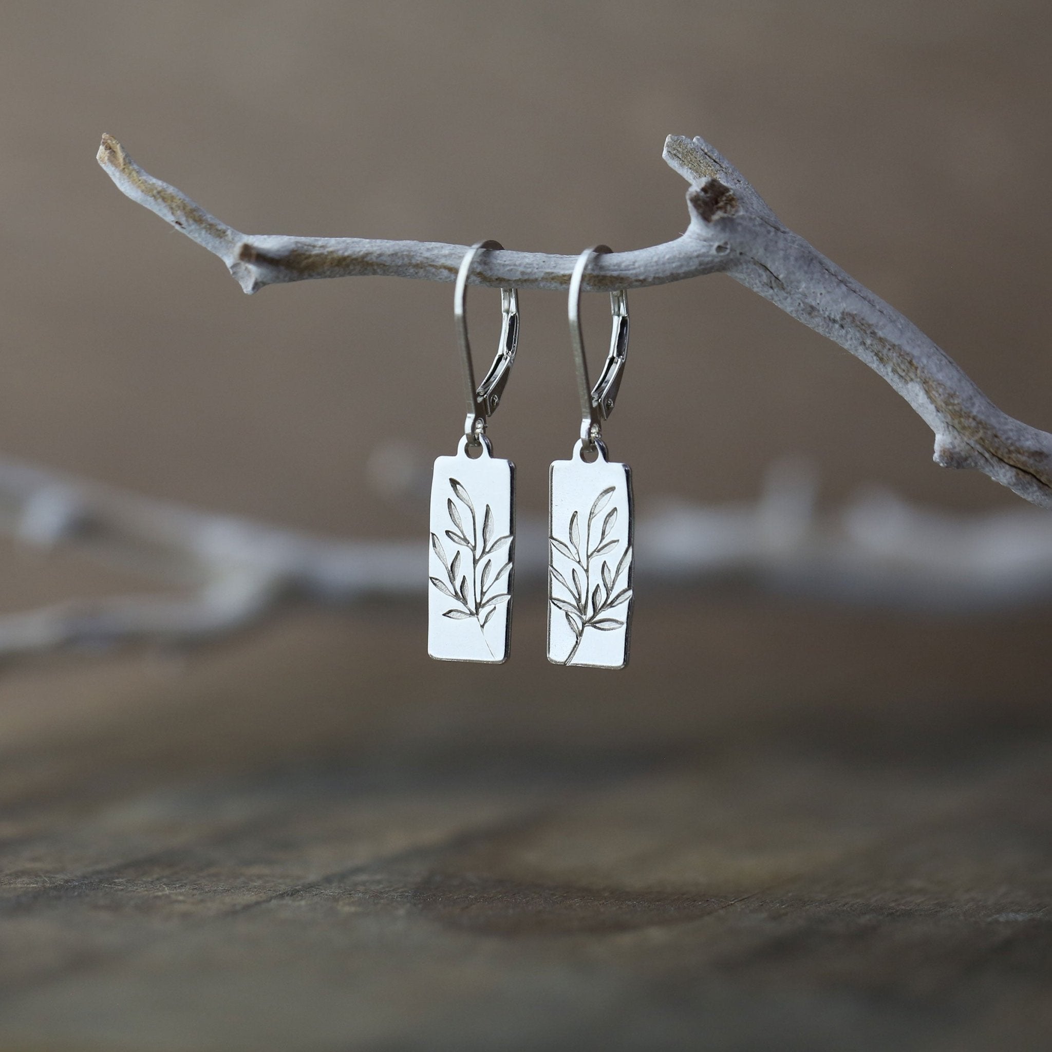 Silver Willow Leaves Tag Lever-back Earrings