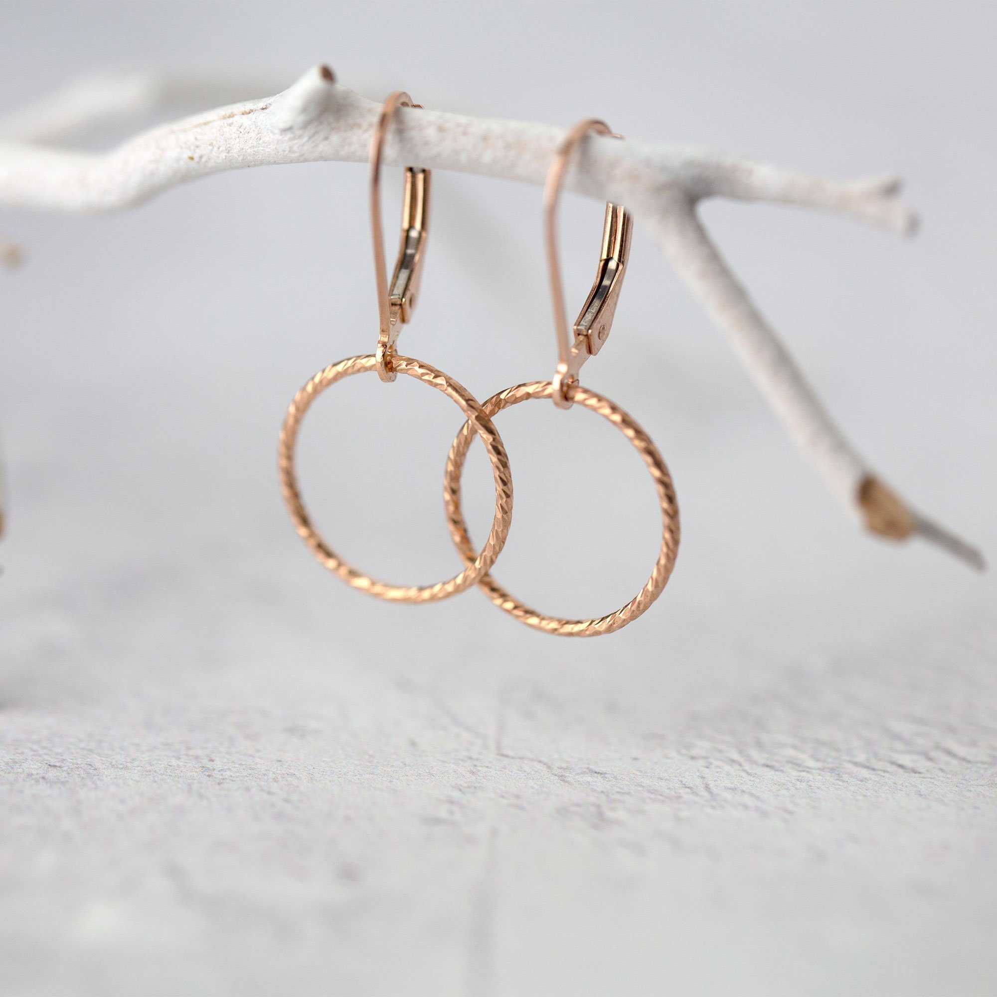 Sparkle Rose Gold Circle Lever-back Earrings - Handmade Jewelry by Burnish
