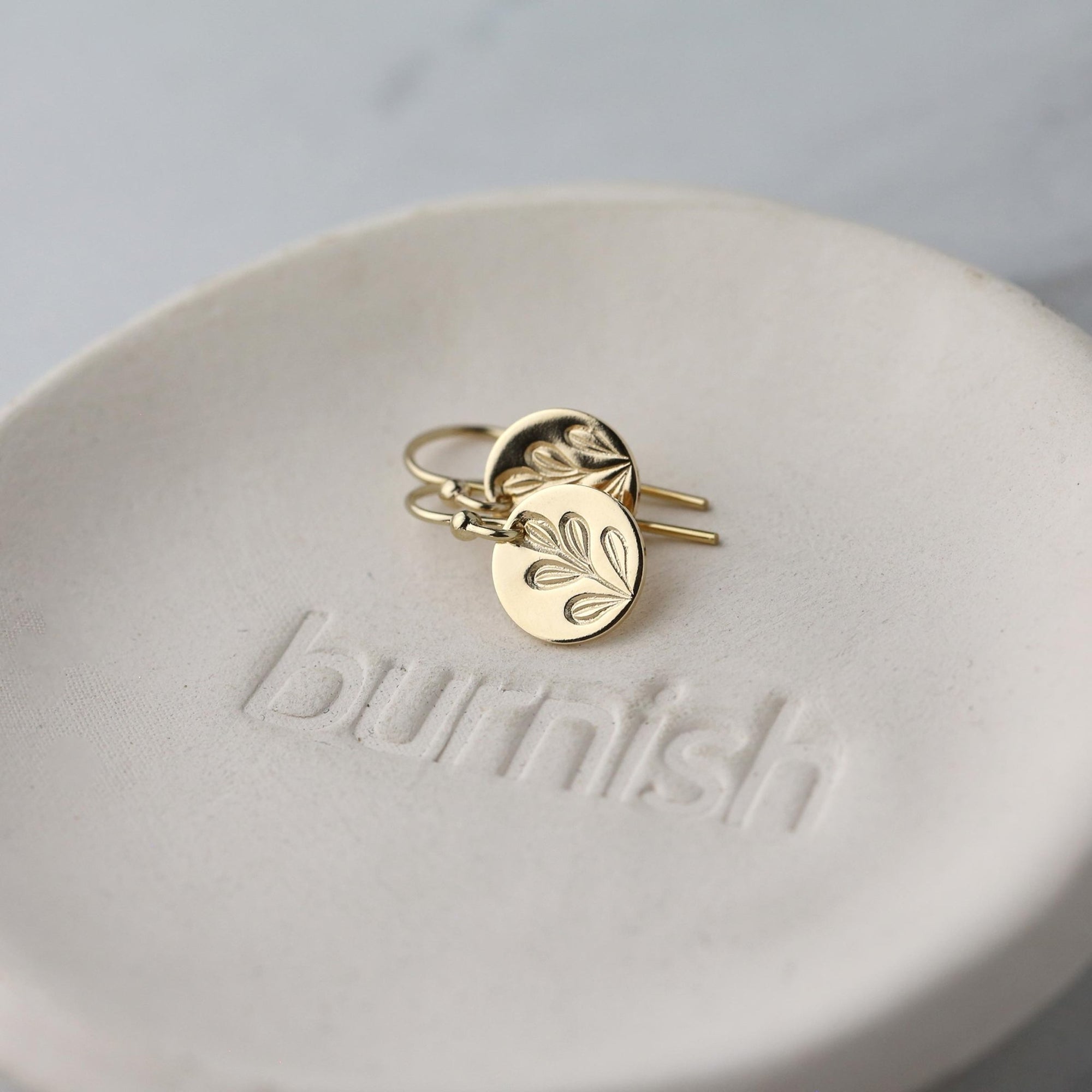 Stamped Botanical Tiny Disc Earrings handmade by Burnish