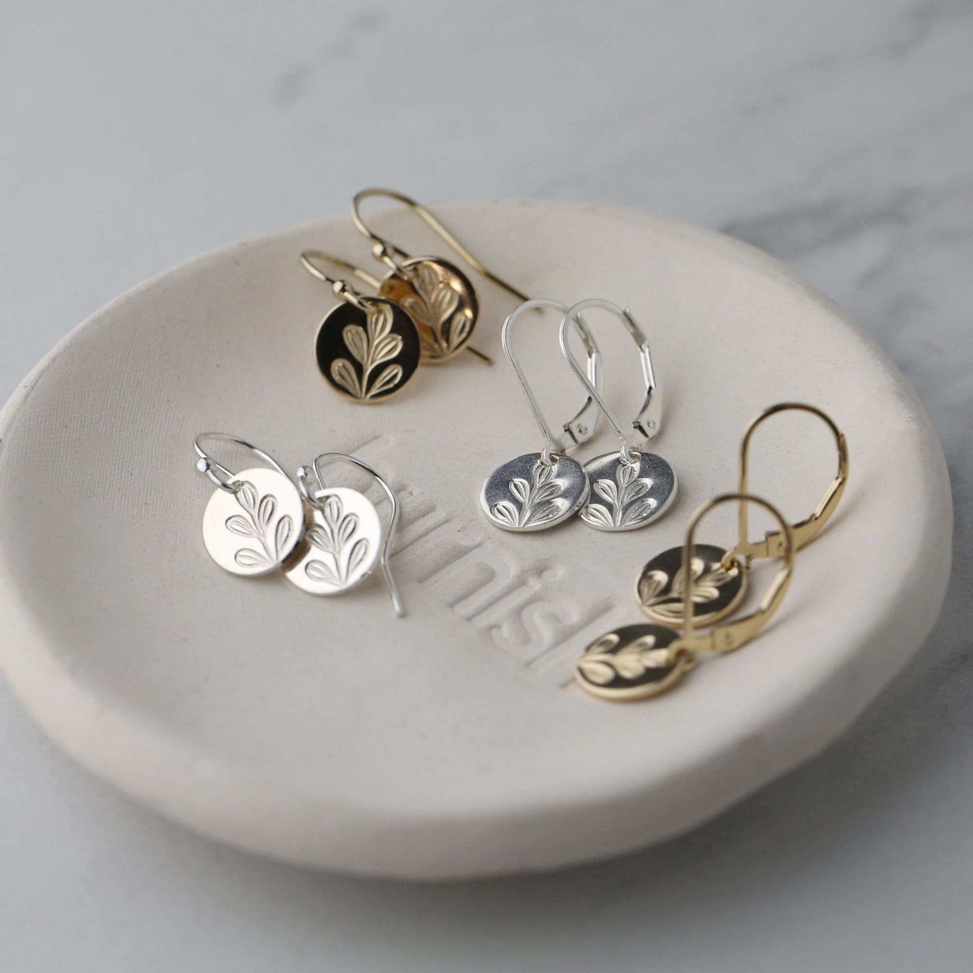 Stamped Botanical Tiny Disc Earrings handmade by Burnish