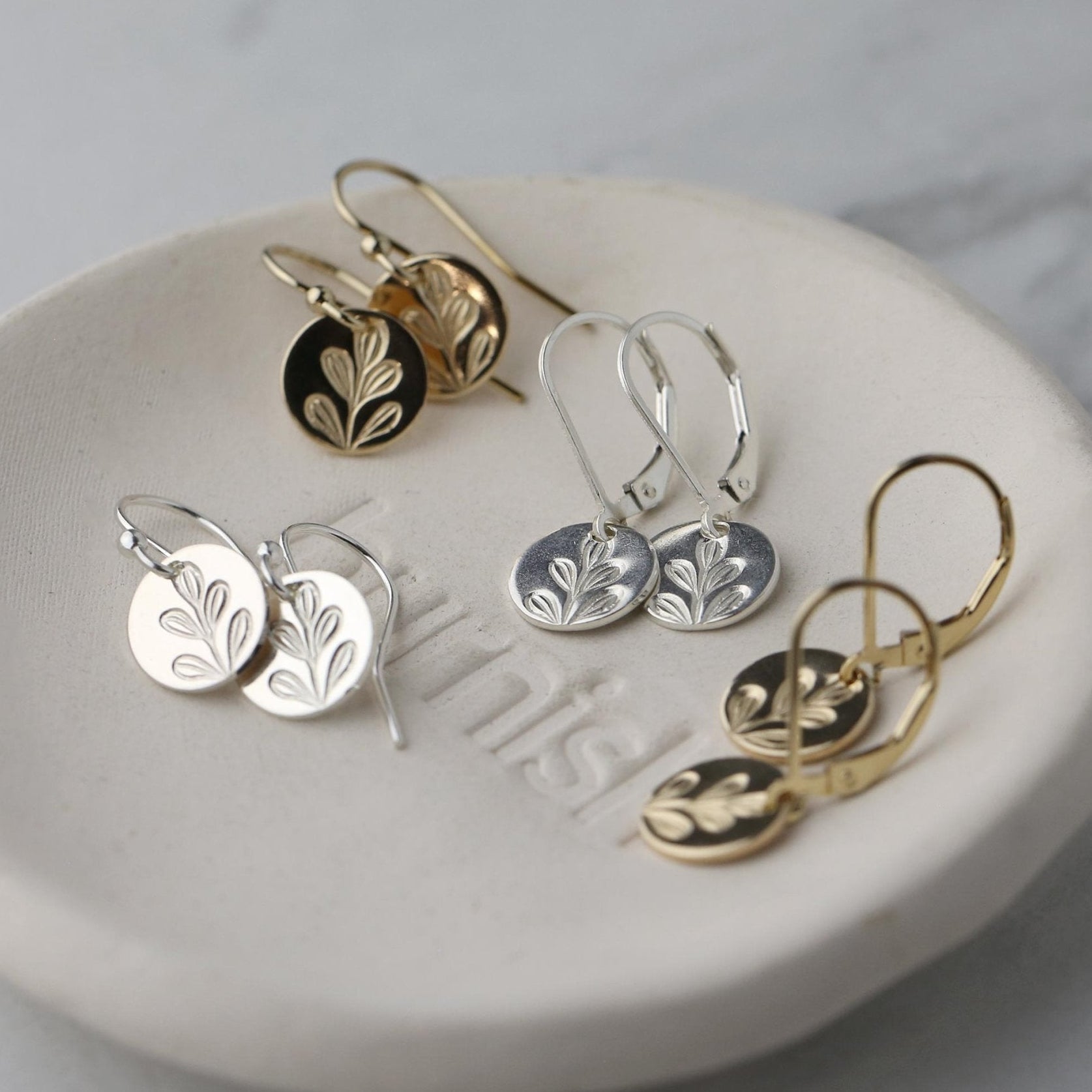 Stamped Botanical Tiny Disc Earrings jewelry handmade by Burnish