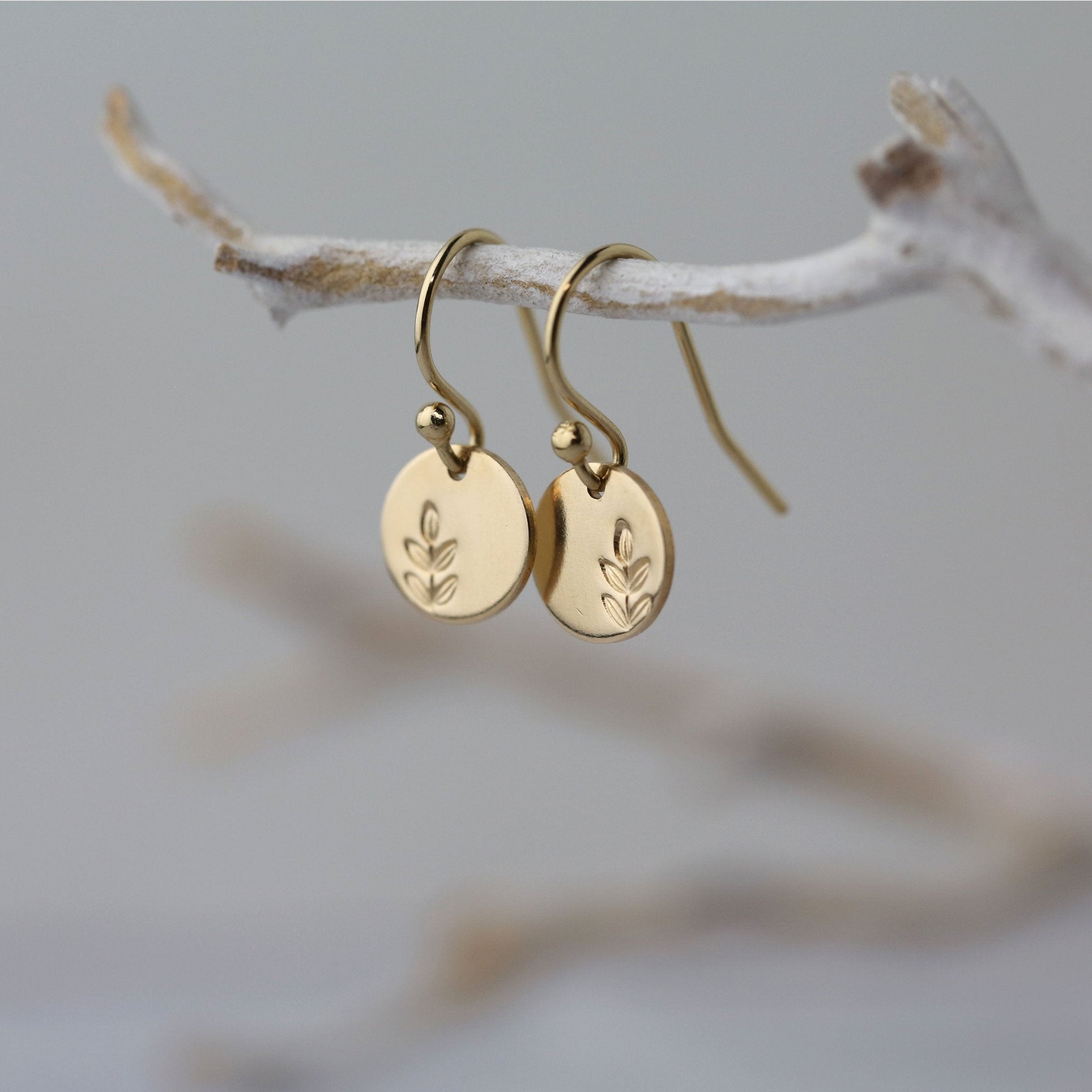 Tiny Gold Stamped Leaf Earrings