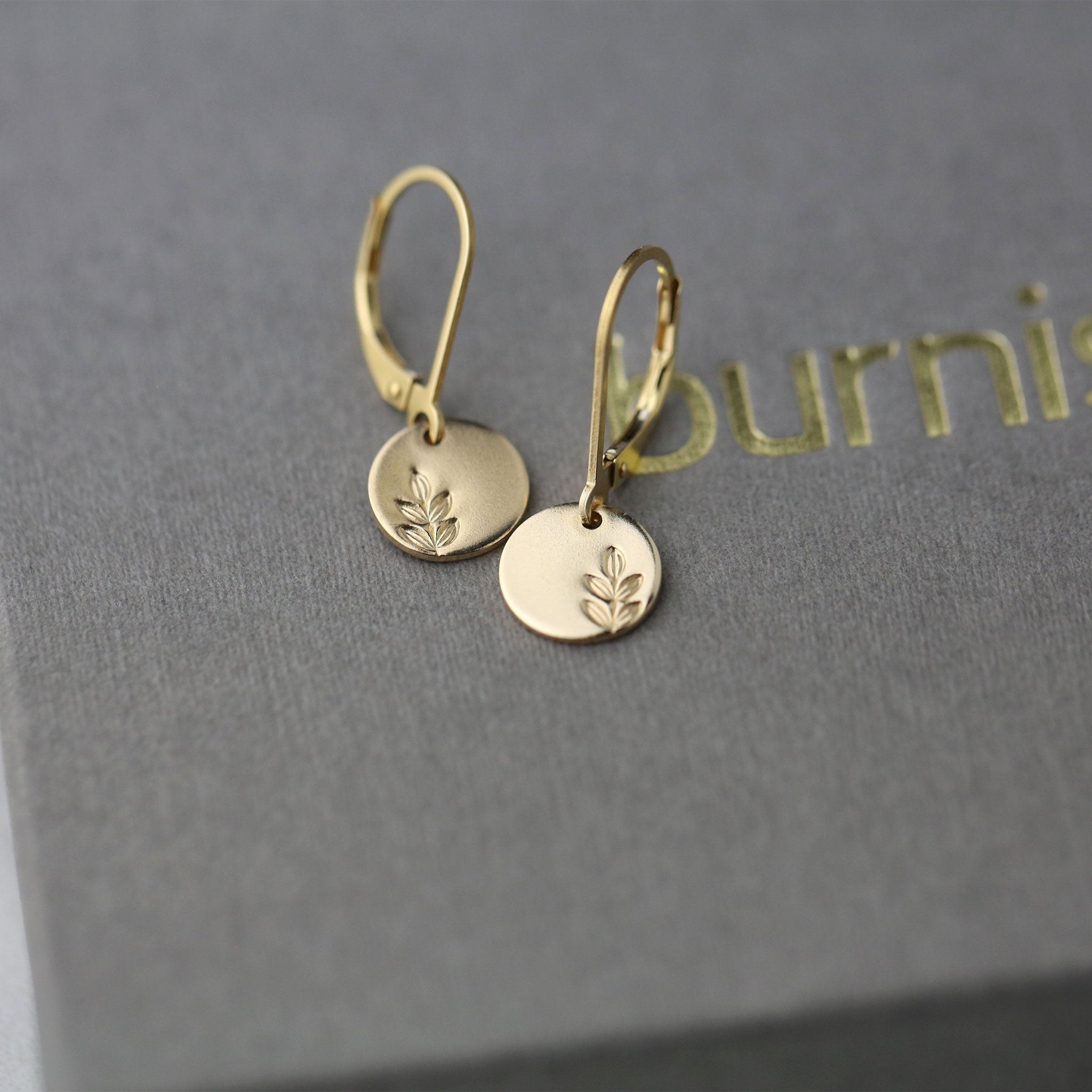 Tiny Gold Stamped Leaf Lever-back Earrings