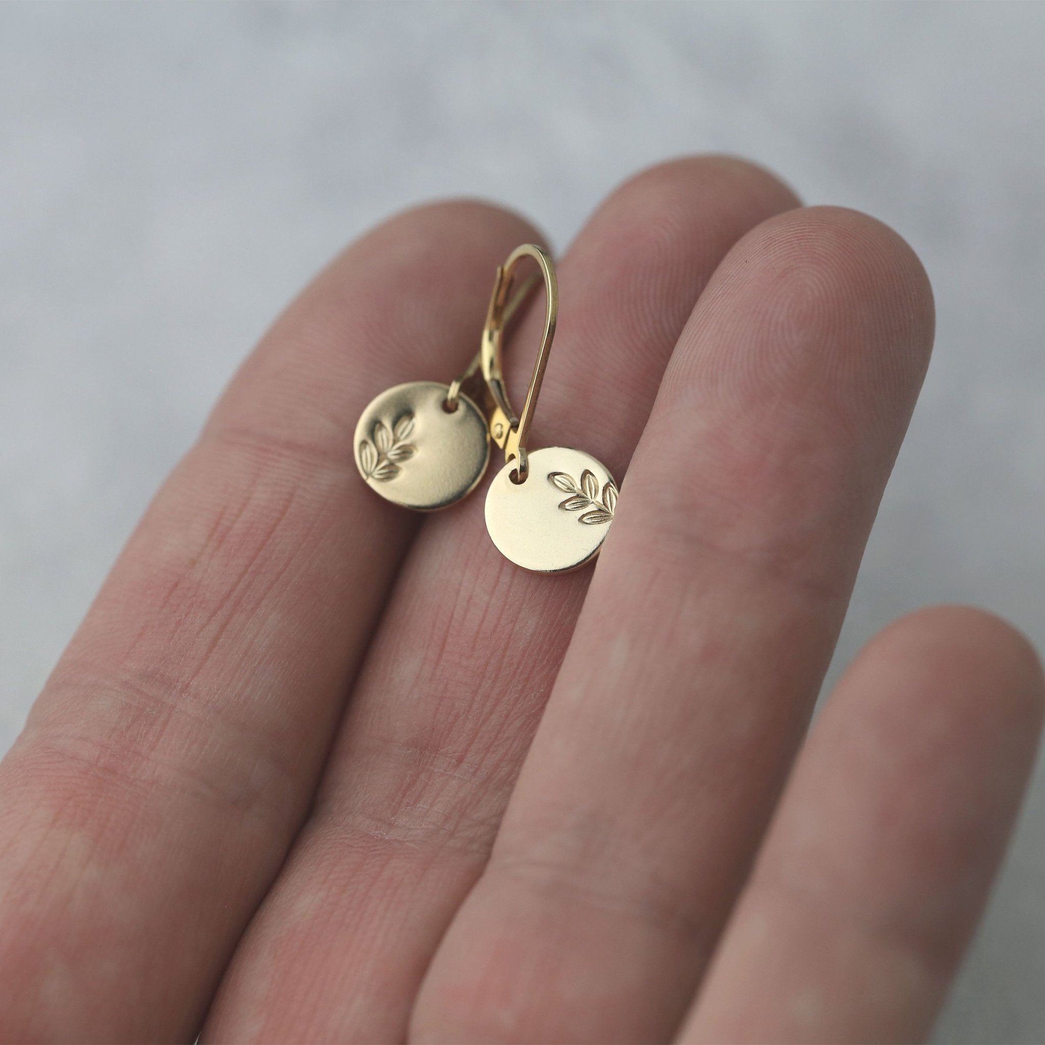 Tiny Gold Stamped Leaf Lever-back Earrings