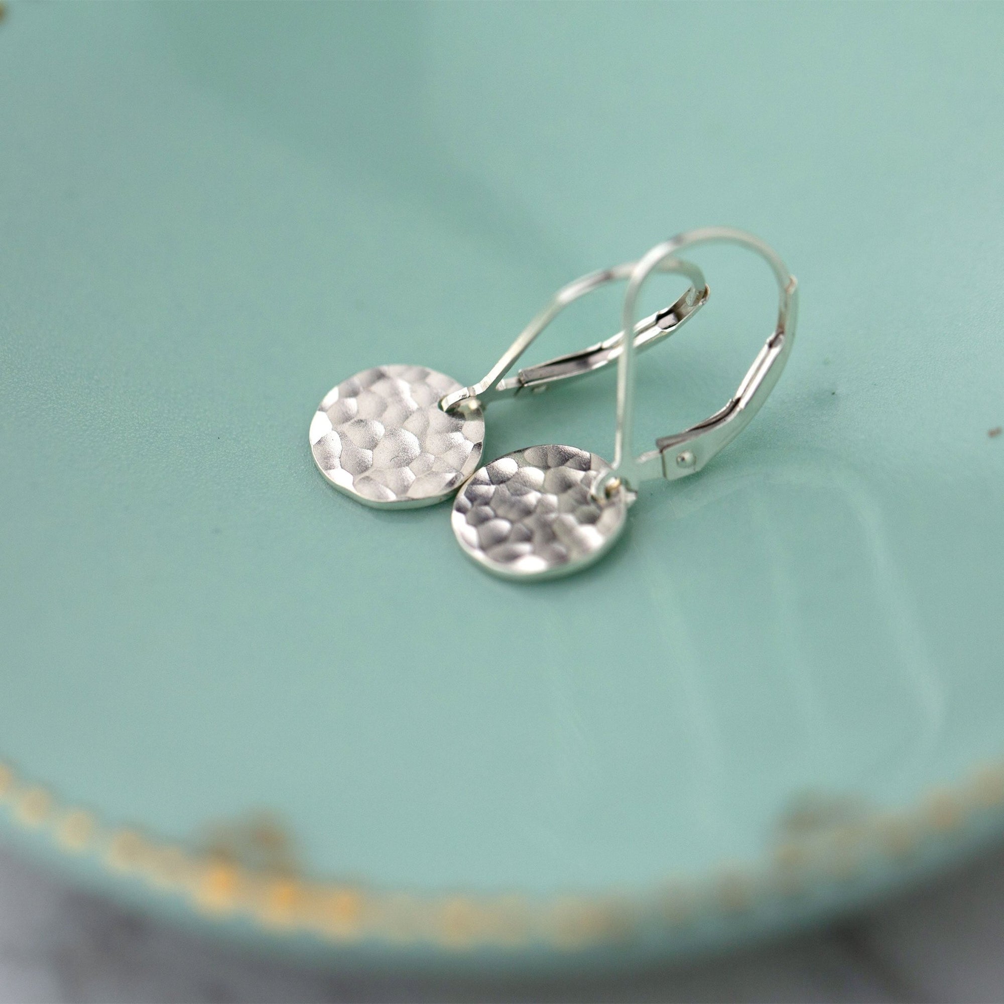Tiny Silver Hammered Disc Lever-back Earrings