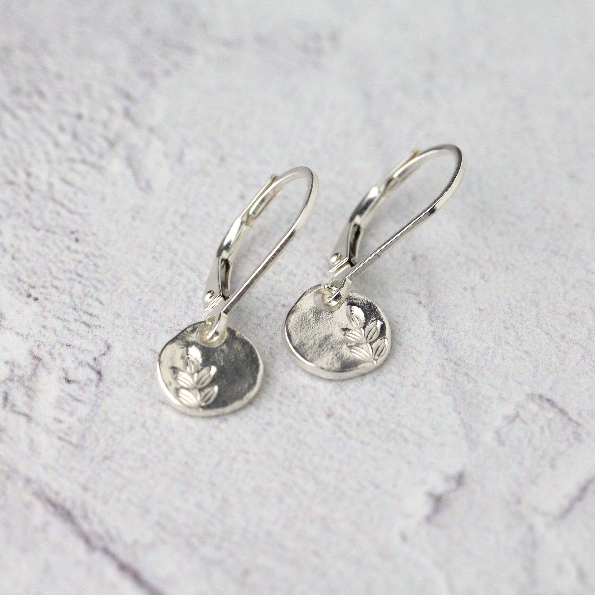 Tiny Stamped Leaf Leverback Earrings - Handmade Jewelry by Burnish