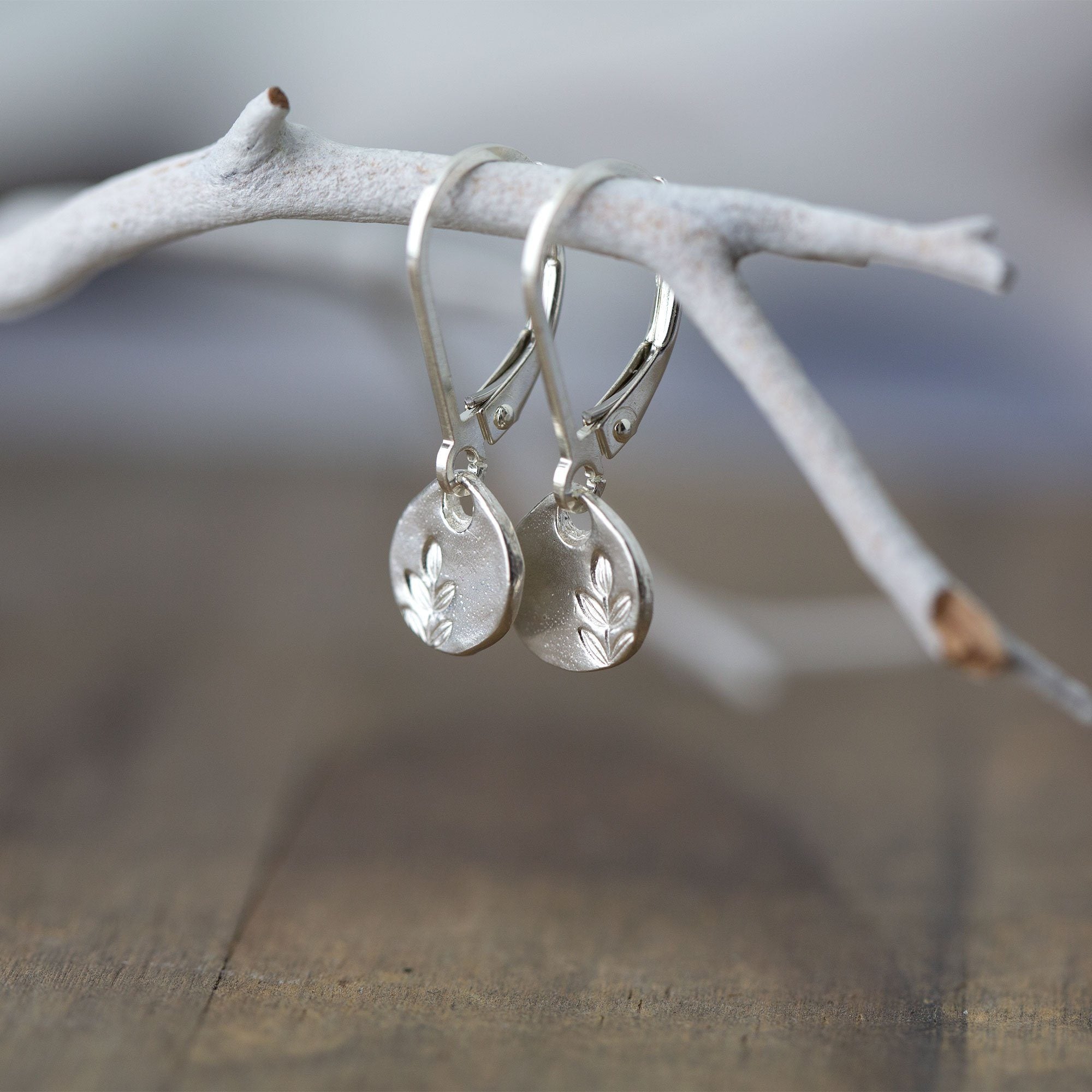 Tiny Stamped Leaf Leverback Earrings - Handmade Jewelry by Burnish