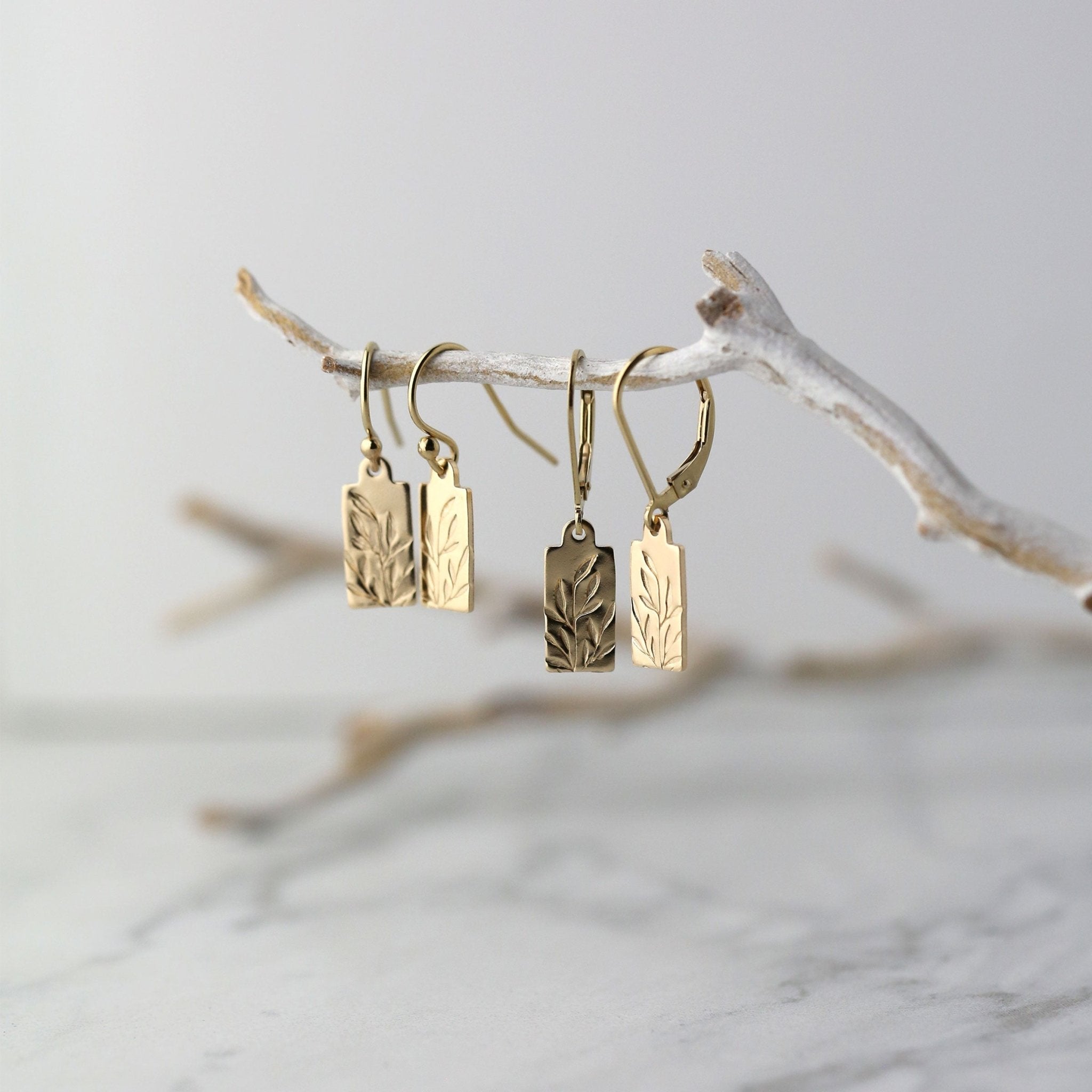 Tiny Willow Leaf Tag Earrings handmade by Burnish