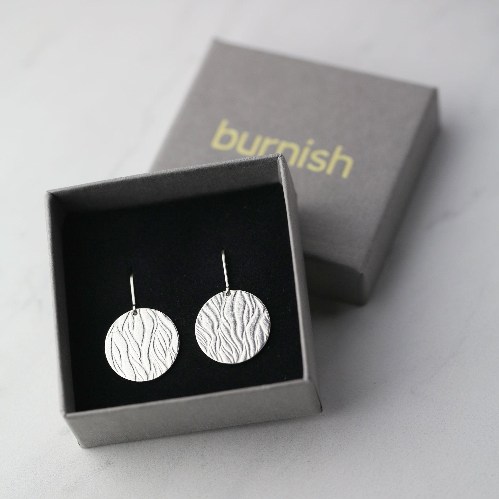Wave Texture Silver Disc Lever-back Earrings